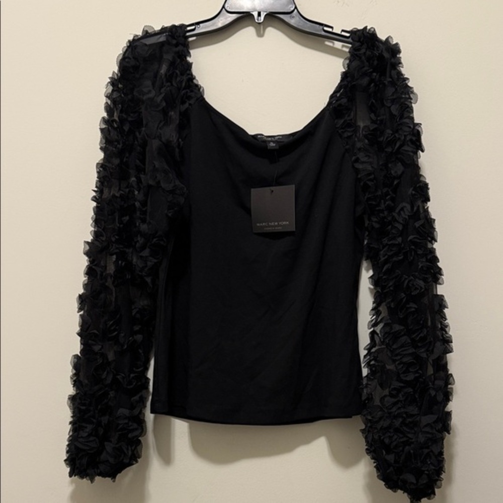 New Marc New York Black Textured Sleeve Blouse - Picture 2 of 11